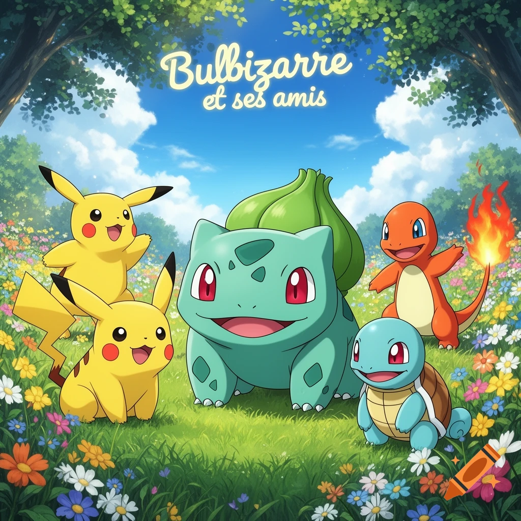Bulbasaur, two Pikachus, Charmander, and Squirtle pose in a vibrant ...