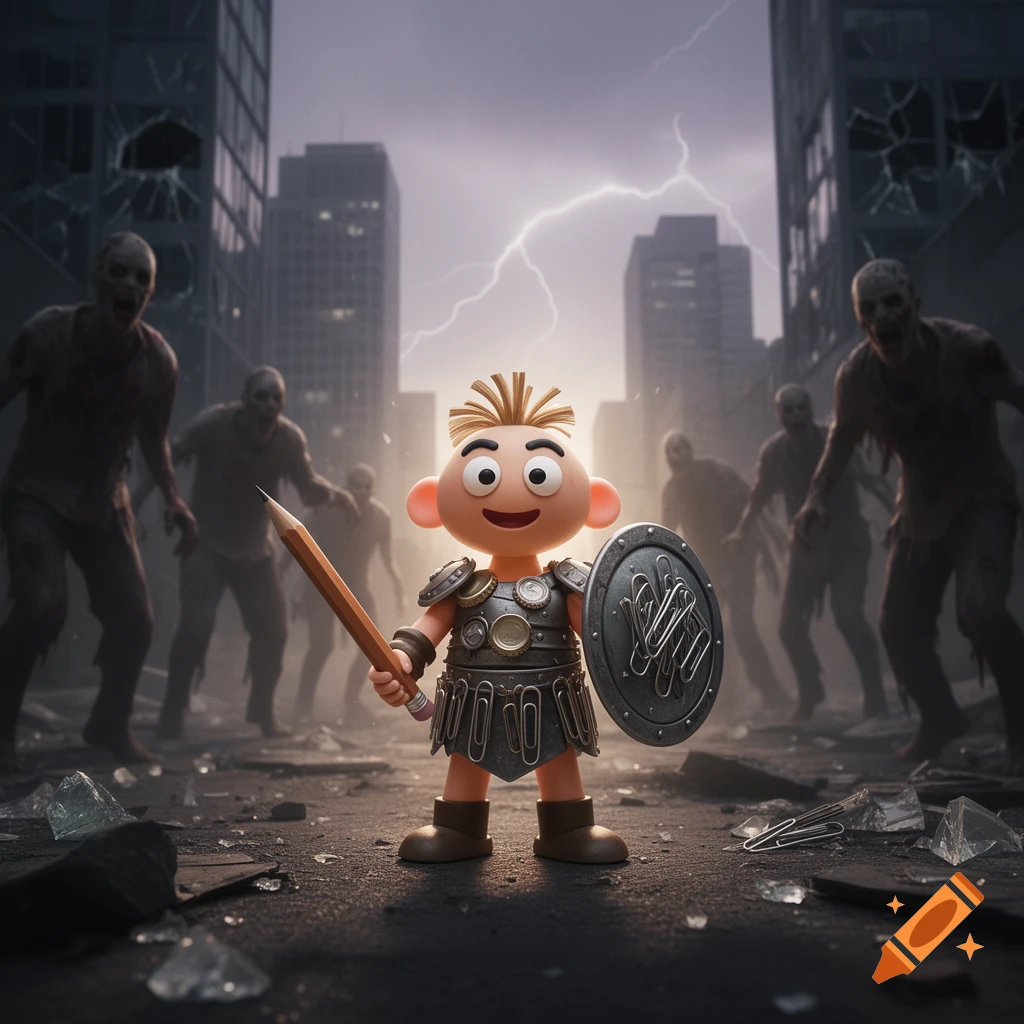 A cartoon Smiski-like warrior with a pencil and paper clip shield stands against blurry zombies in a ruined city under lightning.