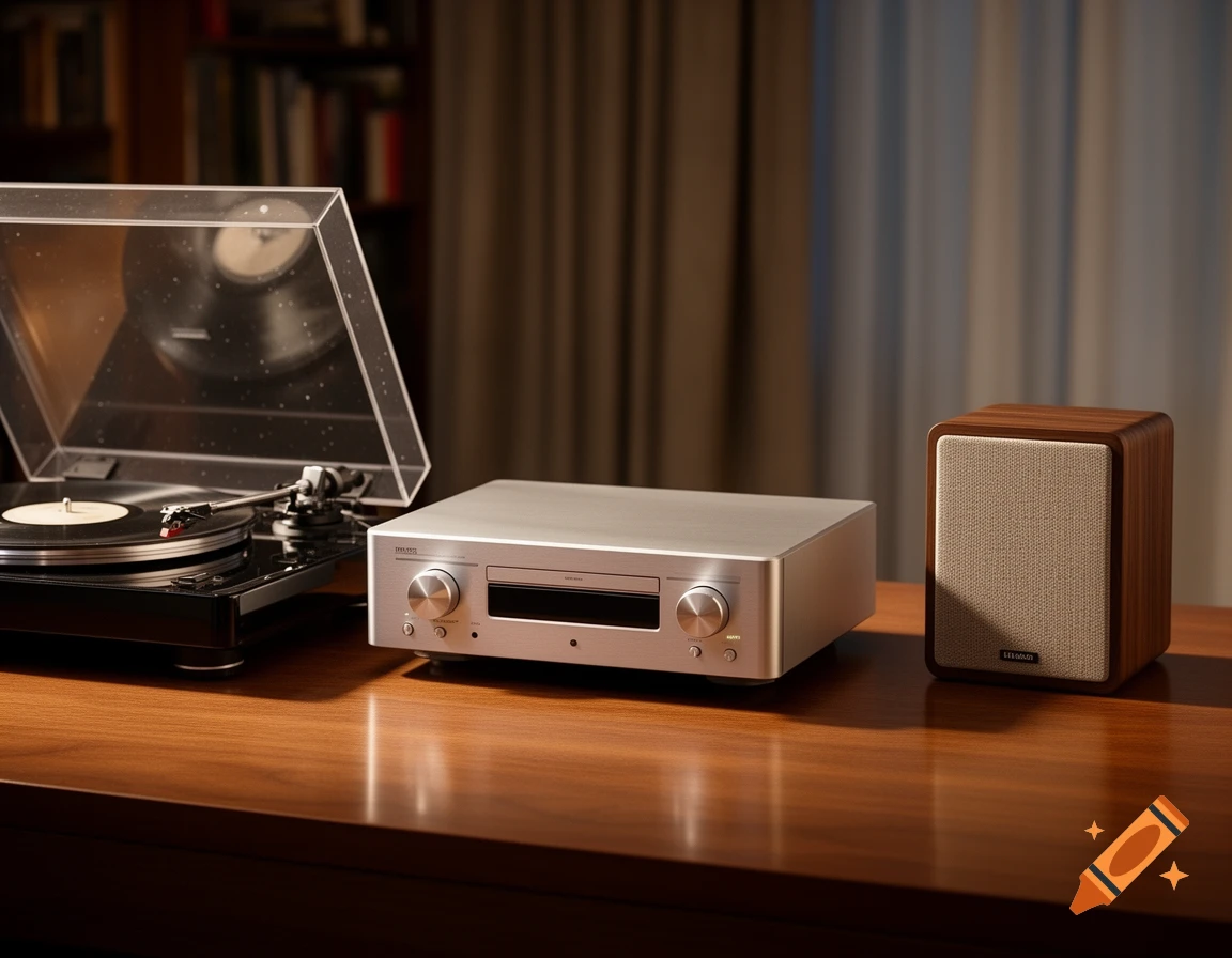 A silver CD player, a black turntable, and a wooden speaker with a light fabric grille on a wooden table.