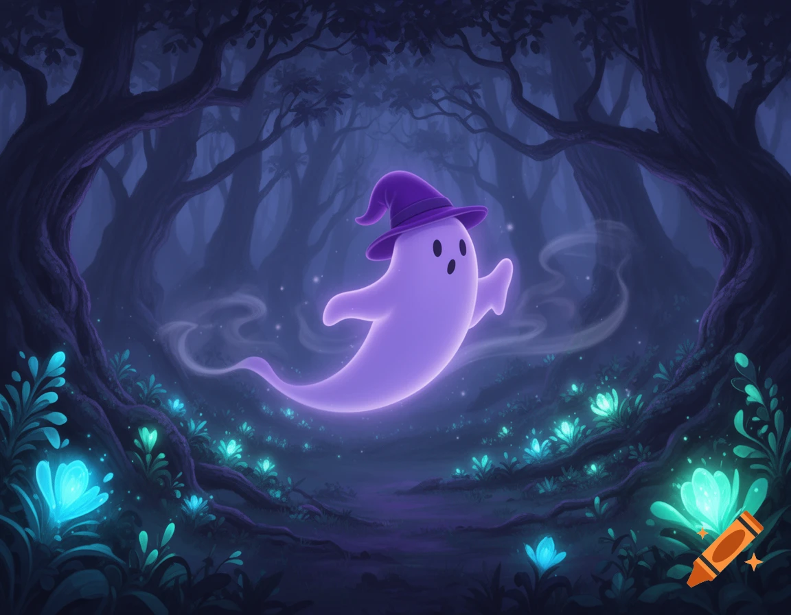 A cartoonish purple ghost in a purple hat floats in a dark, magical forest with glowing blue plants.