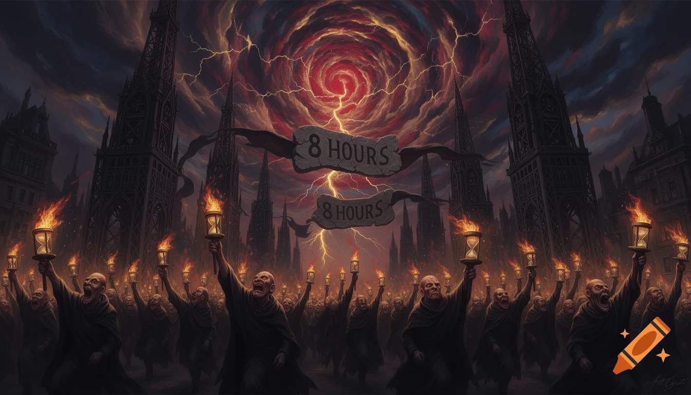 A crowd of figures with burning hourglass torches march in a gothic city under a stormy sky, with banners reading '8 HOURS'.