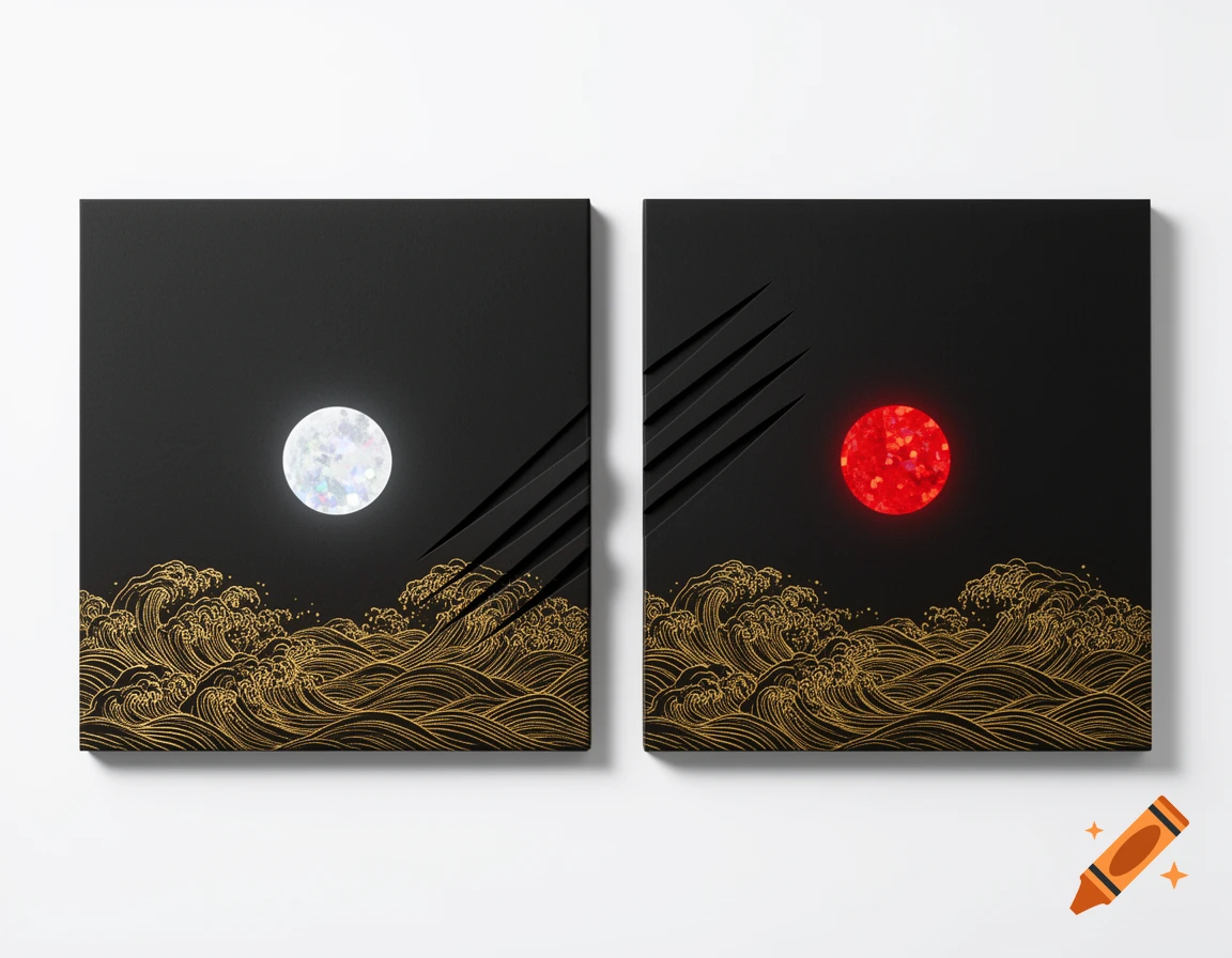 Two black album covers with gold wave line art, an iridescent white moon, an iridescent red sun, and black claw marks.