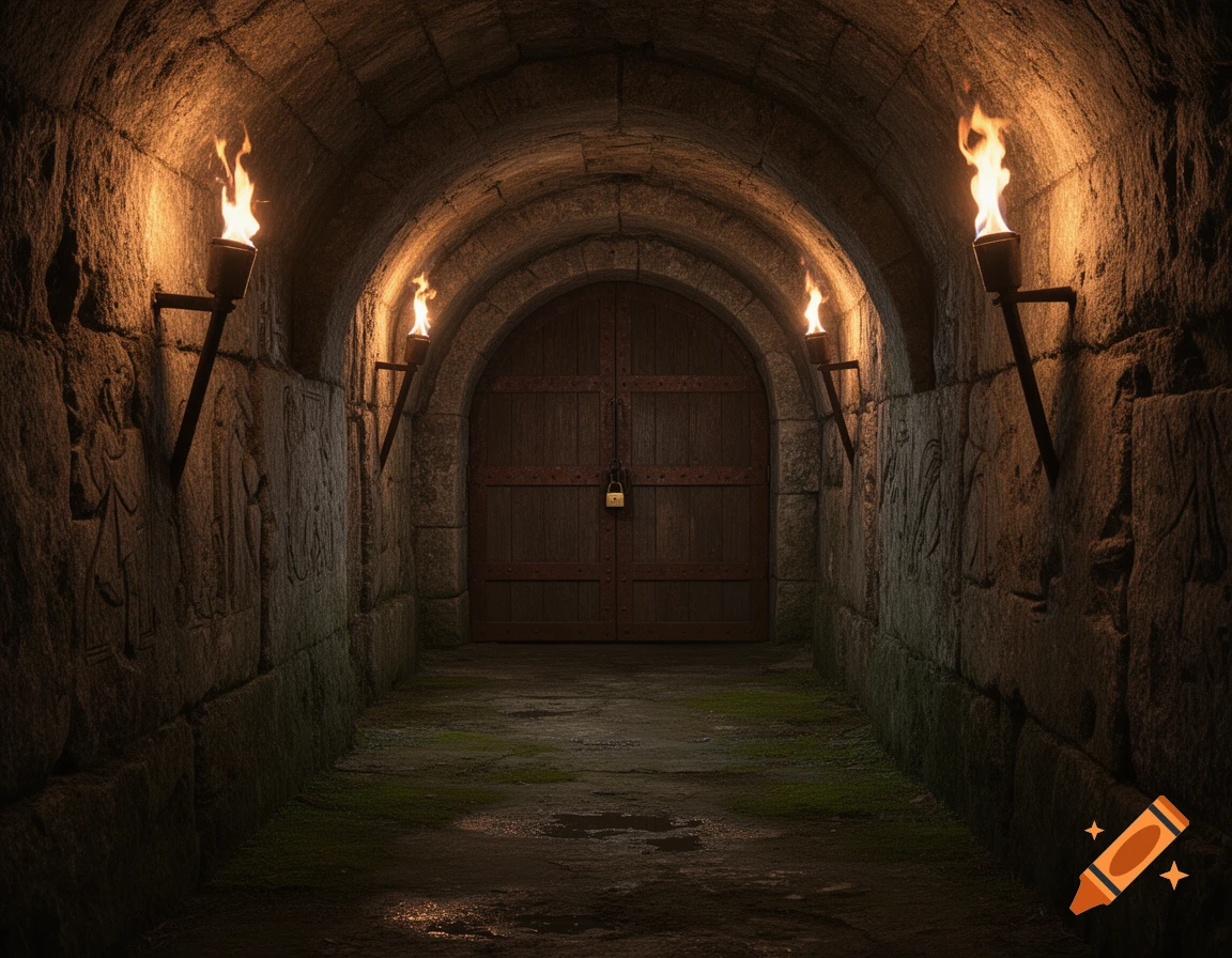 A dimly lit medieval stone dungeon with an arched ceiling, torches on the walls, and a large locked wooden door at the end.