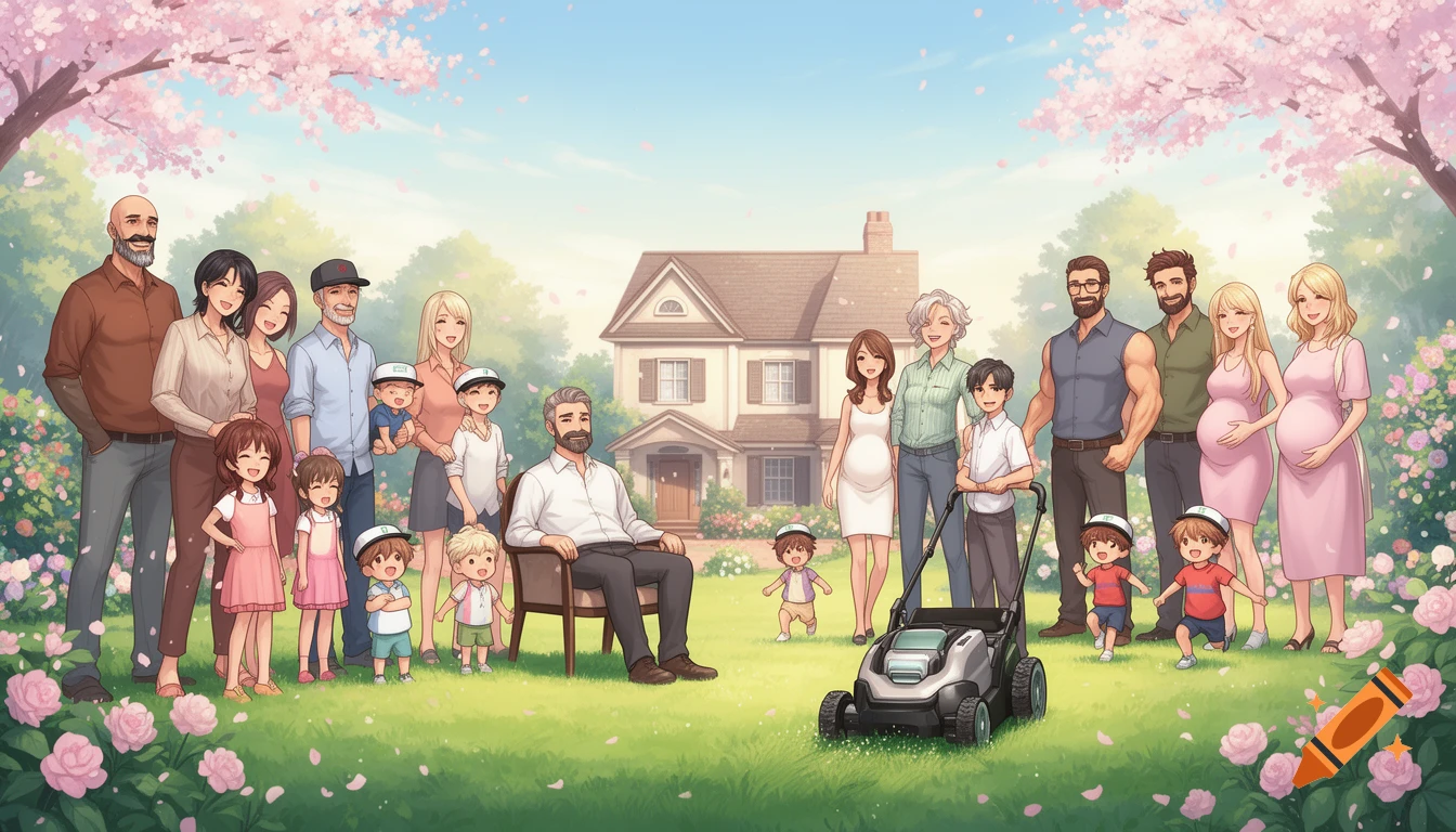 A large diverse anime-style family and friends gather in a lush garden with pink cherry blossoms, looking at a man in a chair watching a lawnmower in front of a house.