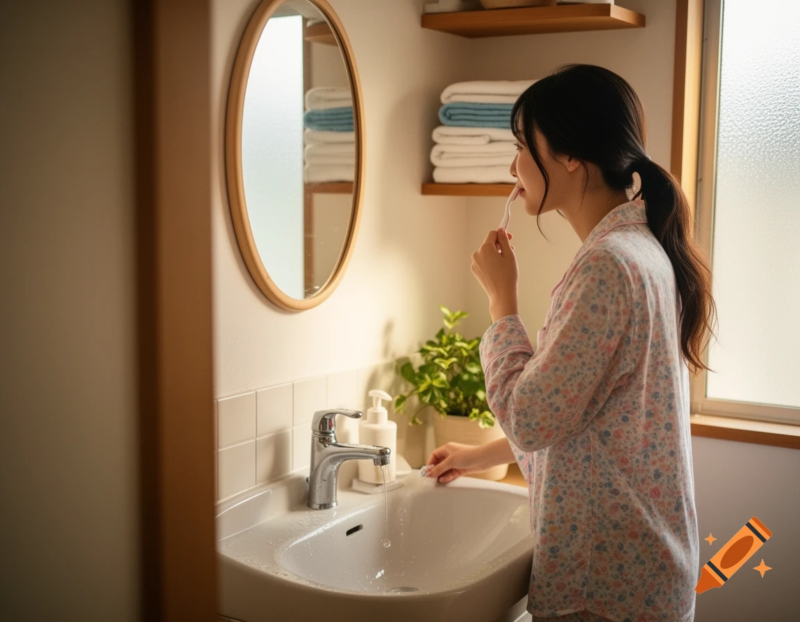 A candid shot of a Japanese woman in pajamas brushing her teeth at a bathroom sink in the morning.
