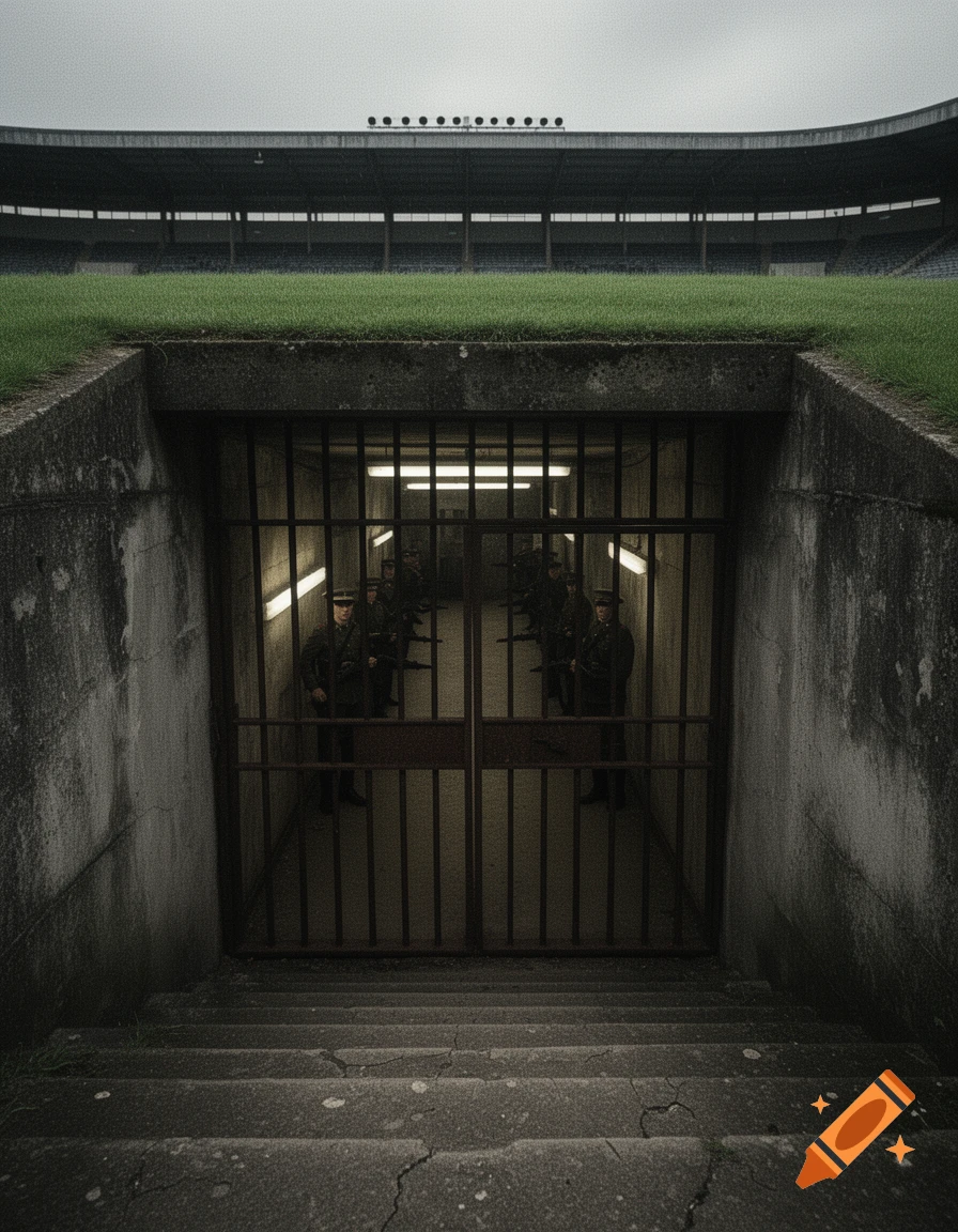 A desaturated, gritty photo looking down concrete stairs into a barred tunnel with armed military guards, below a sports stadium.