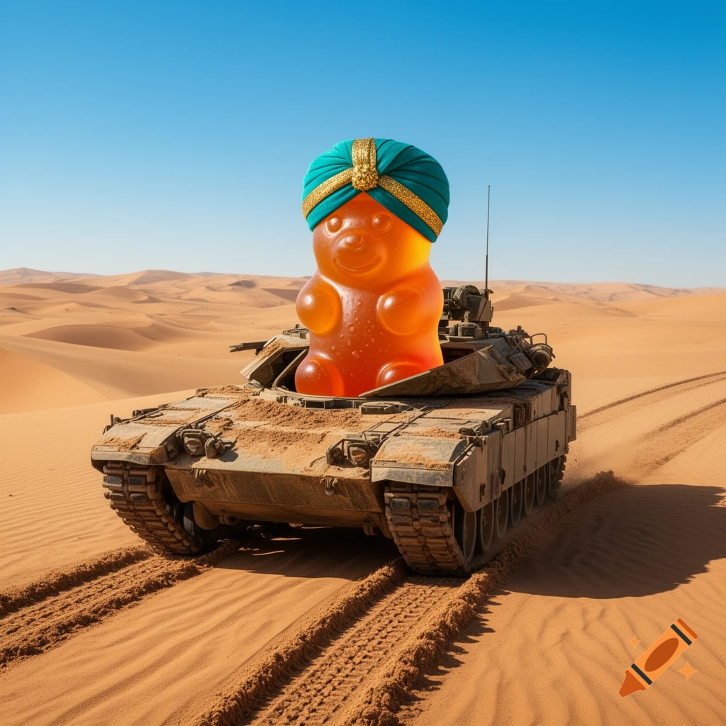 A giant orange gummy bear wearing a green and gold turban drives a military tank through a vast sandy desert under a clear blue sky.