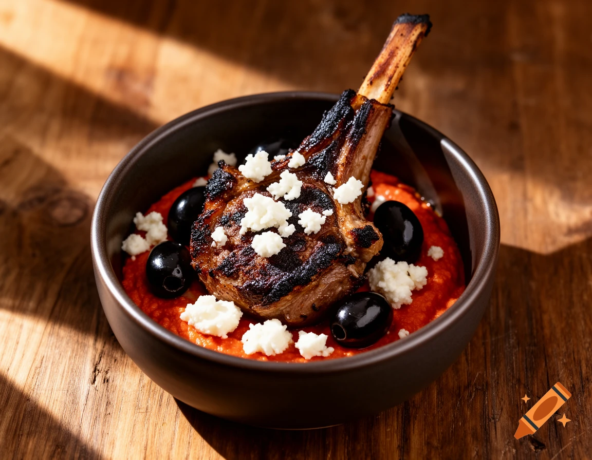 A photorealistic close-up of a charred lamb chop with crumbled feta, black olives, and red romesco sauce in a dark bowl on a wooden table.