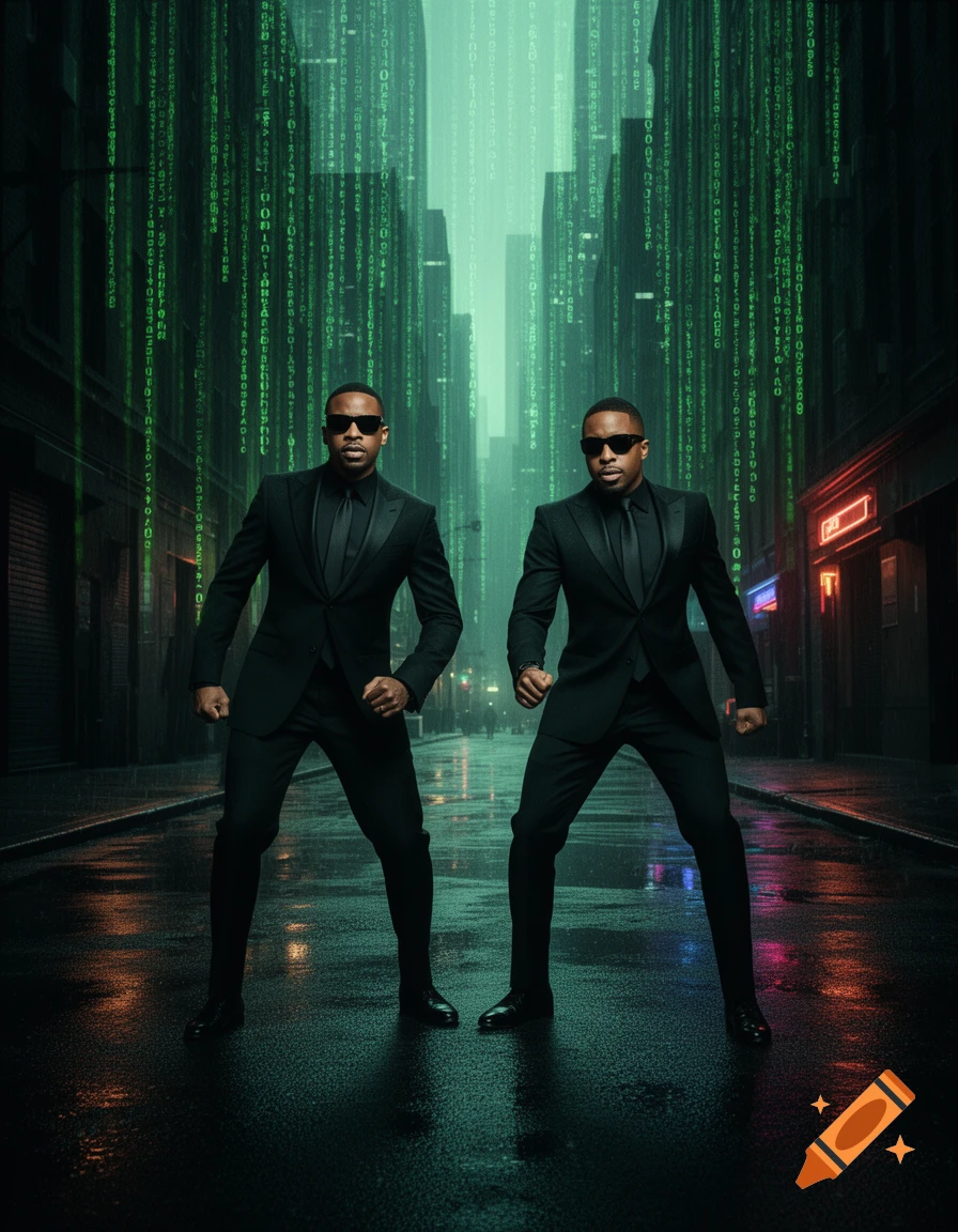 Two men in black suits and sunglasses stand on a wet city street, with green Matrix code raining down in the background.
