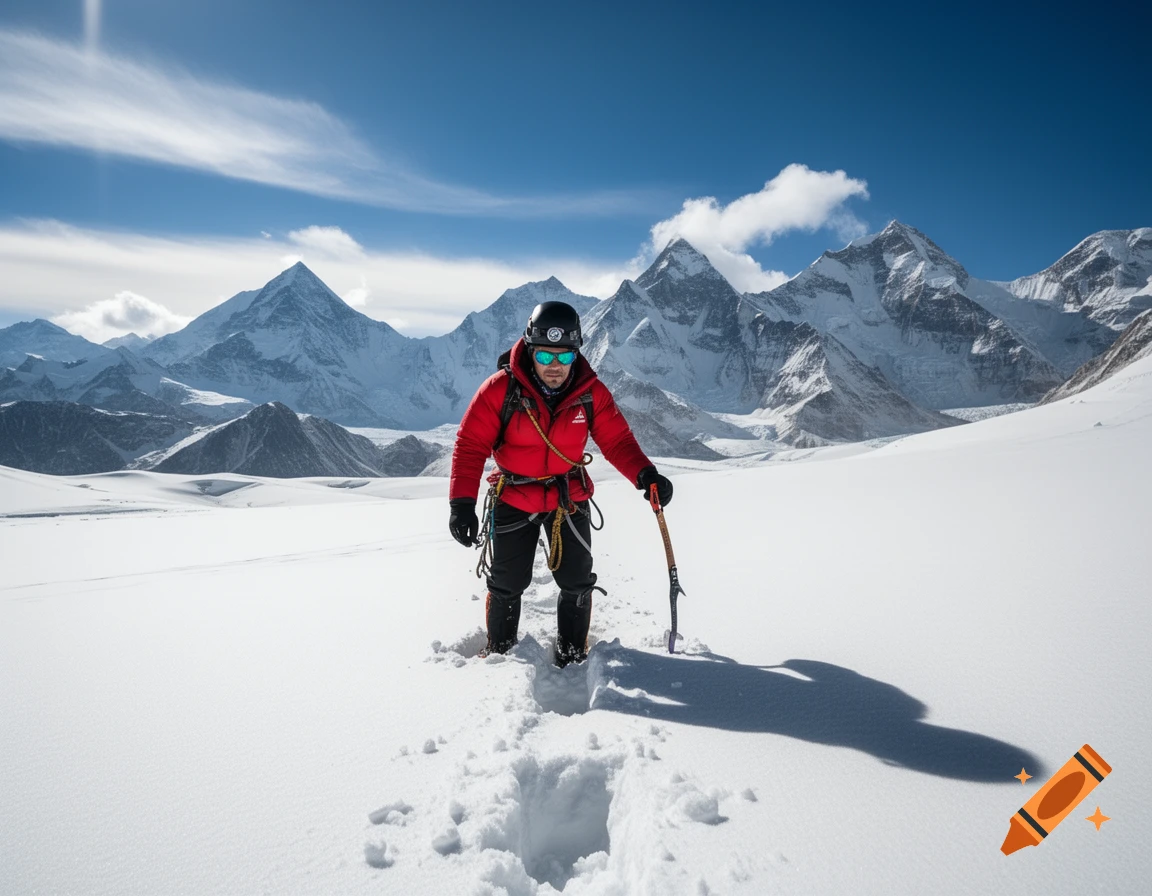 A lone climber in a red jacket and helmet stands in deep snow, holding an ice axe, with majestic snow-capped mountains under a clear blue sky.