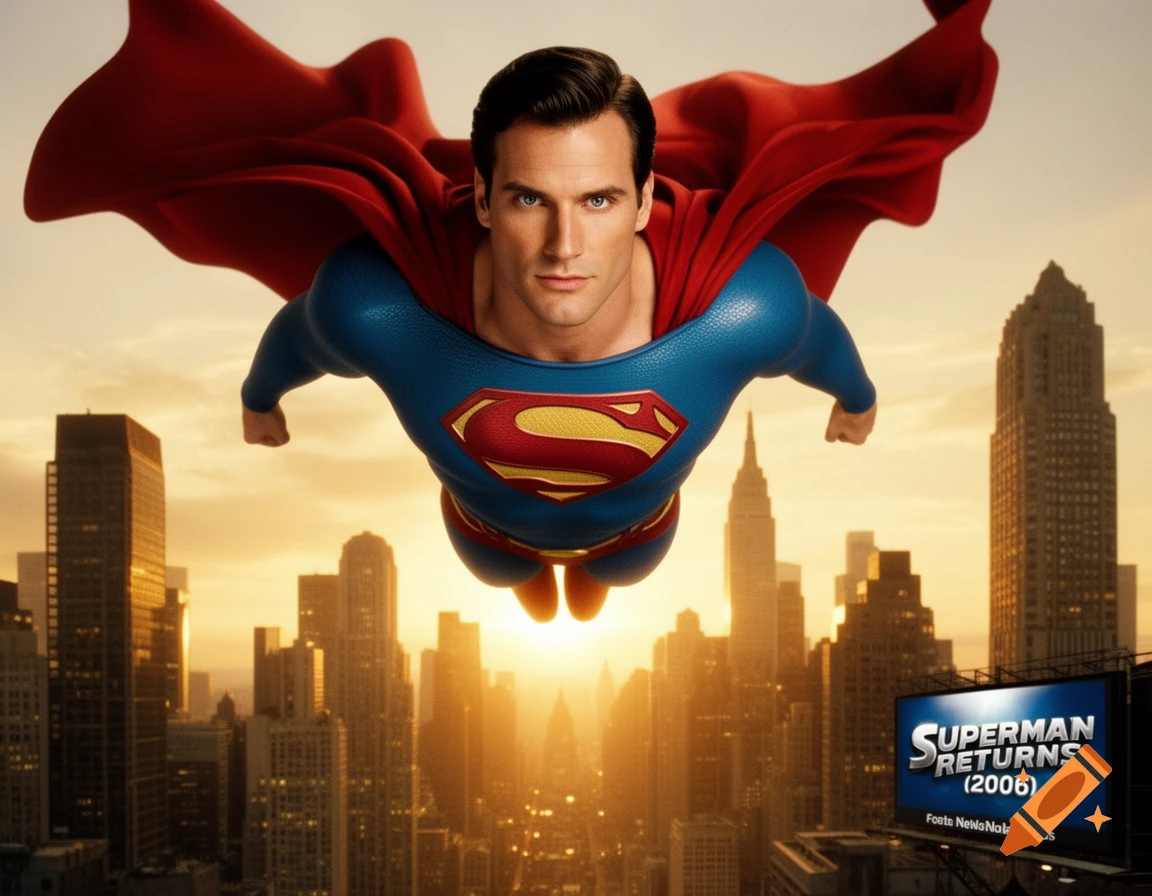 Superman flies dynamically over a sprawling city at sunset, wearing his blue and red suit with a flowing red cape. Photorealistic style.