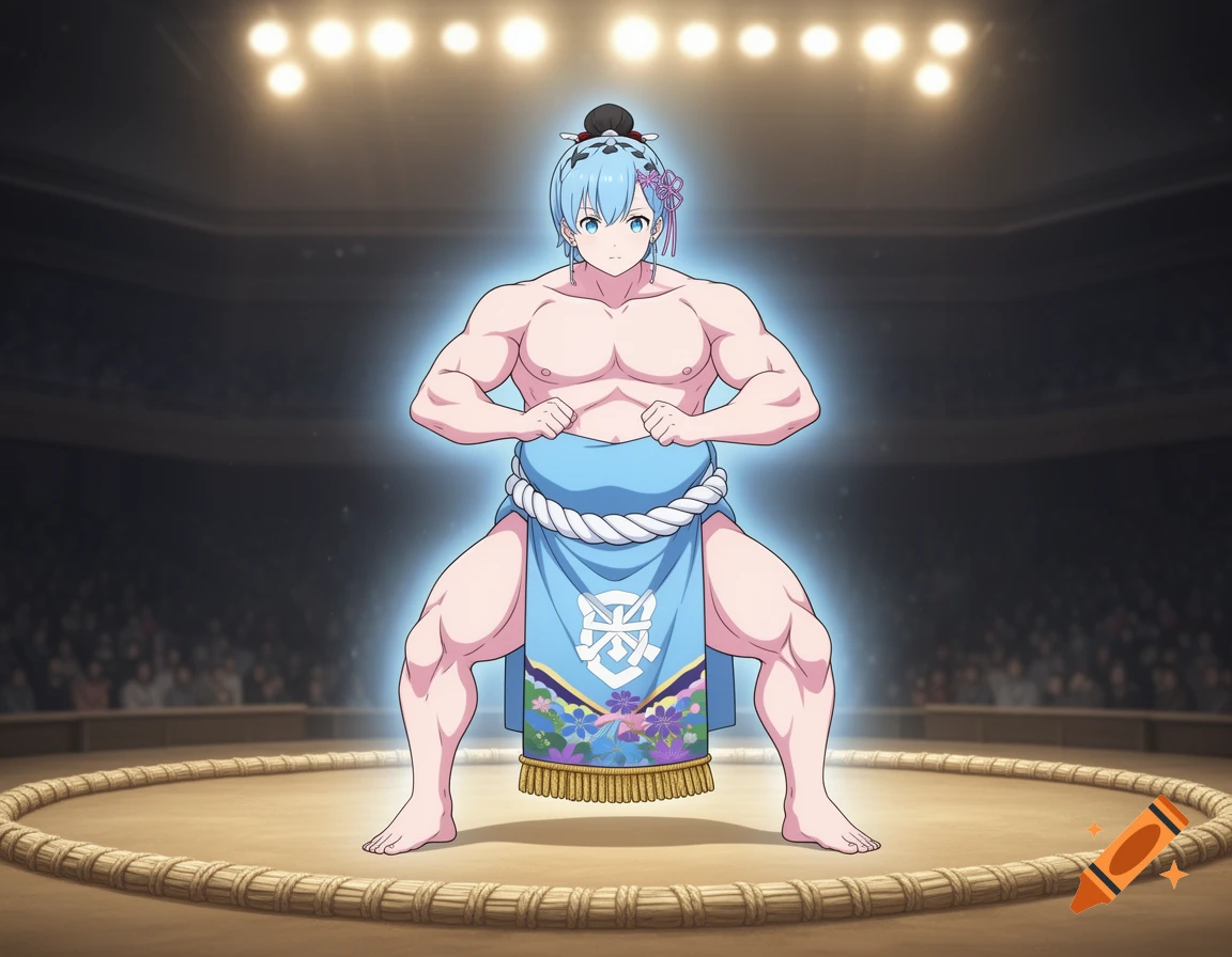 Anime character Rem with a muscular physique, dressed as a sumo wrestler in a ring, glowing with blue light.
