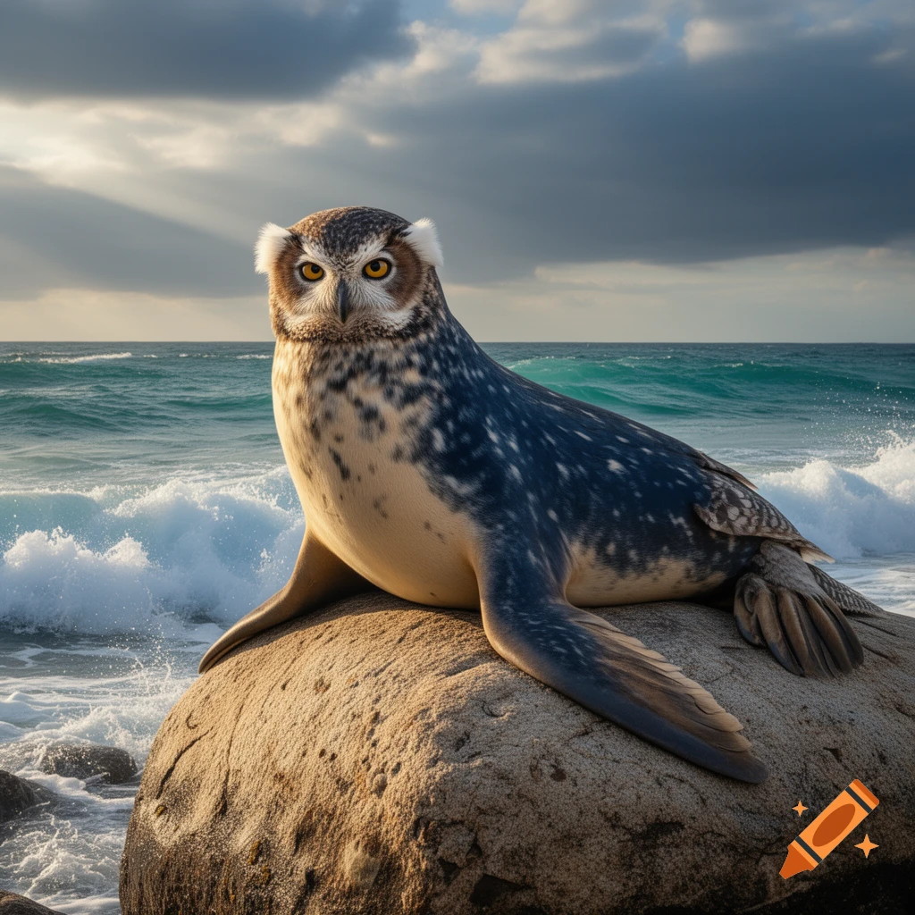 A photorealistic hybrid creature with an owl's head and a seal's body sits on a rock by the ocean under a cloudy sky.