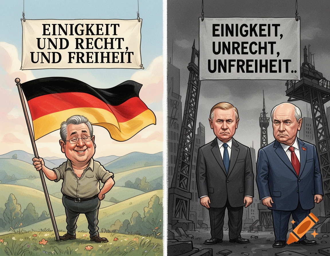 A political cartoon split into two. Left: A smiling man holding a German flag under a banner reading "Einigkeit und Recht und Freiheit" in a green landscape. Right: Vladimir Putin and Mikhail Gorbachev look stern under a banner reading "Einigkeit, Unrecht, Unfreiheit.." in a desolate, grey urban setting.