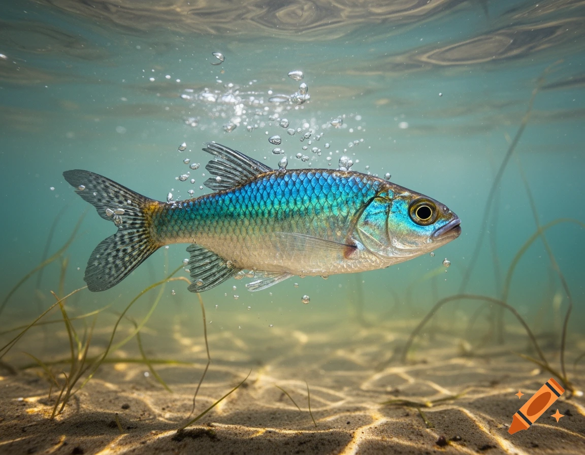 A vibrant blue and green fish swims underwater with bubbles, above a sandy bottom with sparse seagrass.