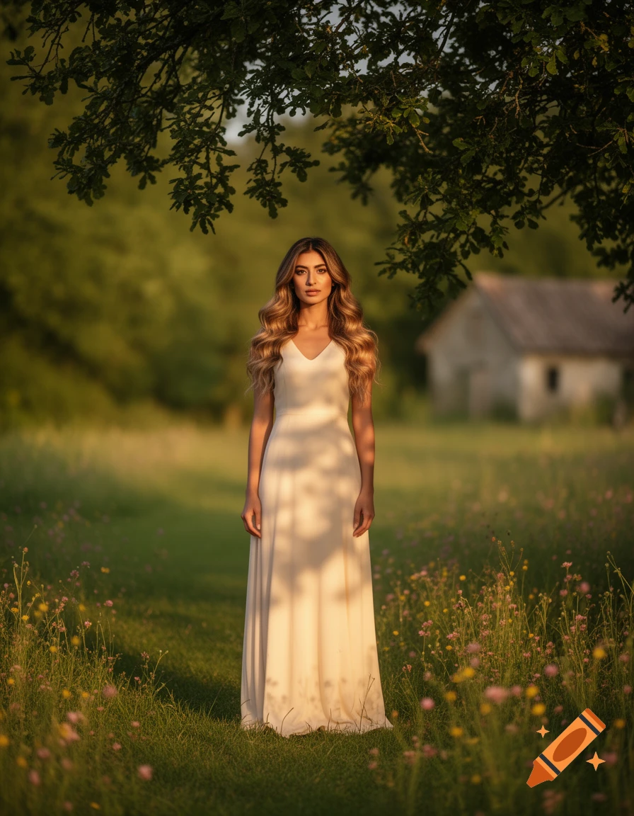 Photorealistic portrait of a woman with long wavy hair in a white dress standing in a sunny meadow with wildflowers under tree branches.