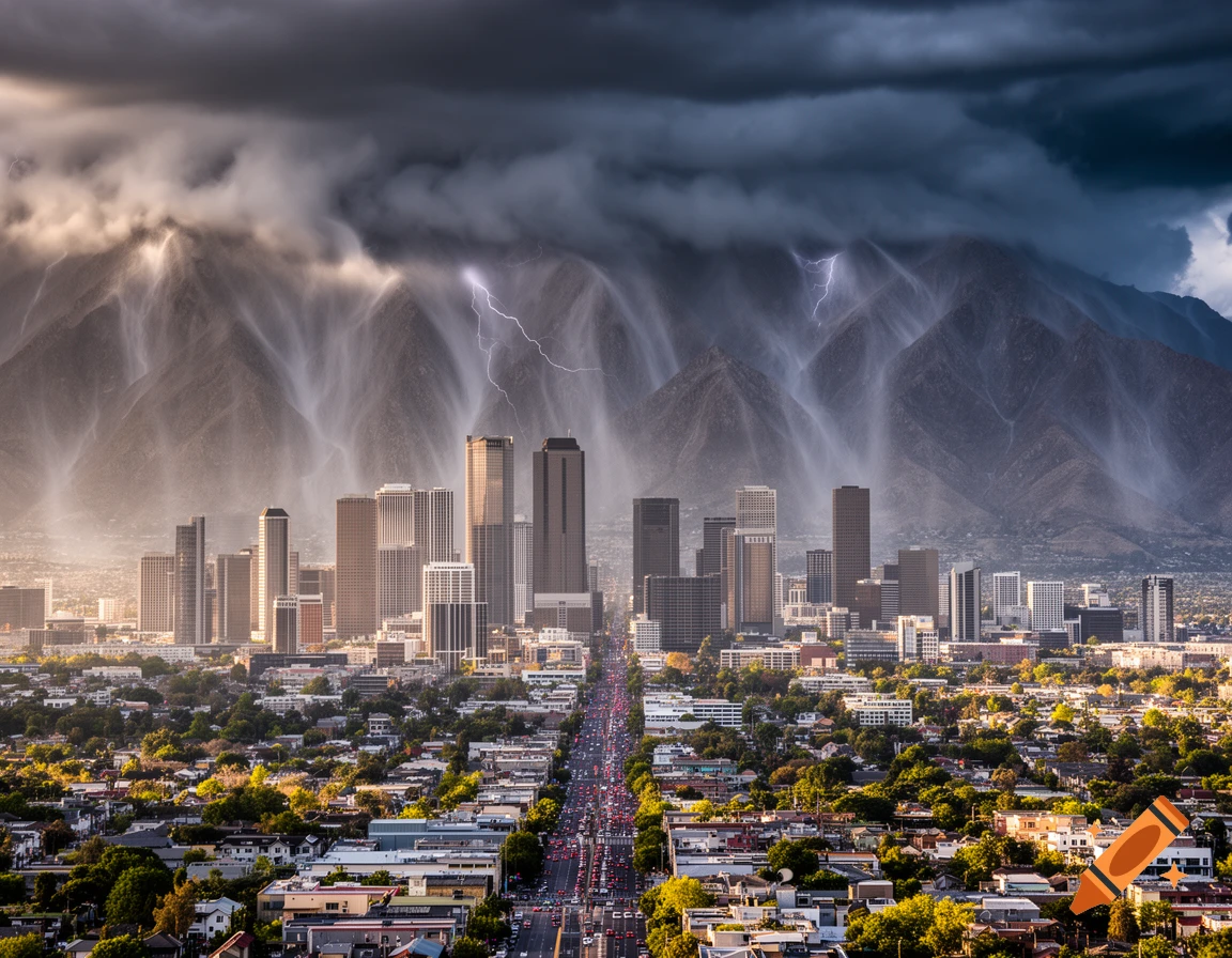 A photorealistic cityscape under a dramatic thunderstorm, with a busy road leading to tall buildings backed by lightning-struck mountains.