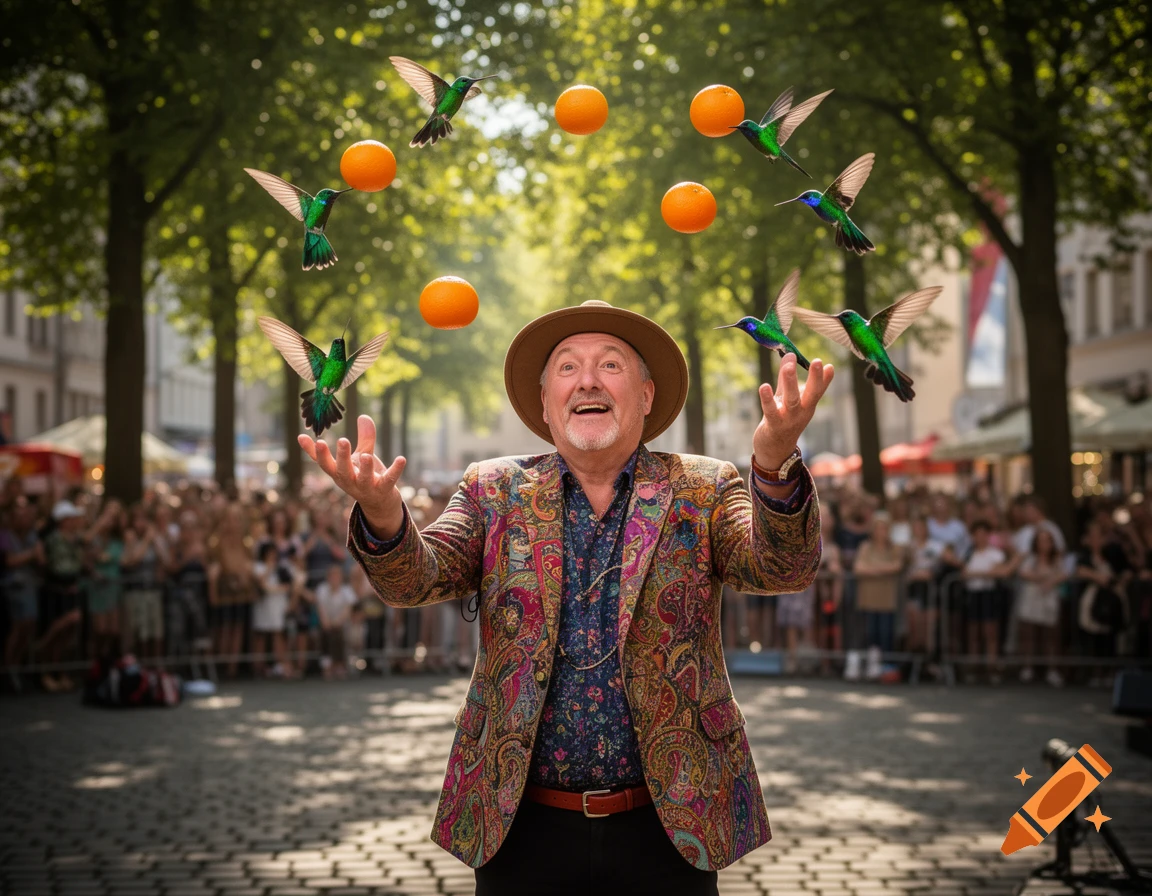A smiling man in a patterned jacket and hat juggles five oranges and five hummingbirds on a sunny street, with a blurred crowd in the background.
