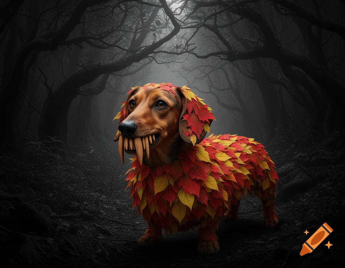 A fantasy dachshund with fur of red and yellow leaves and long wooden fangs stands in a dark, misty forest.