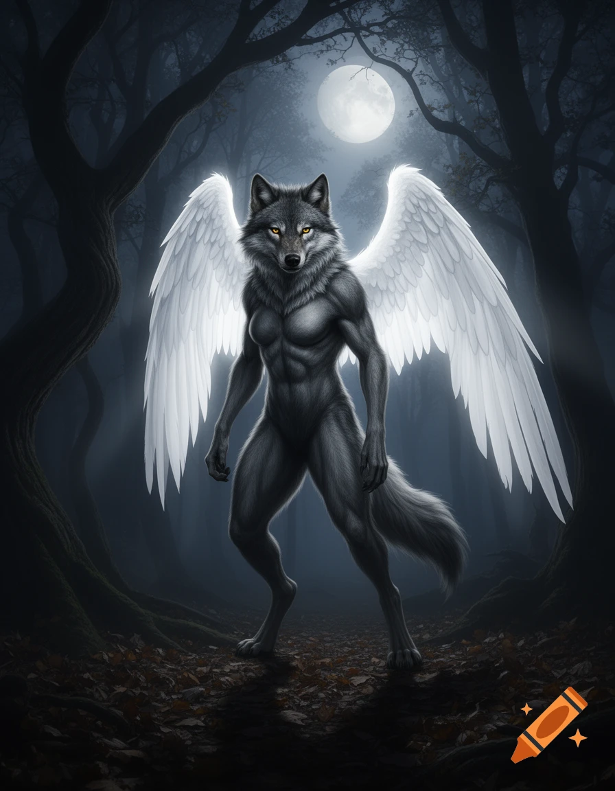 An anthropomorphic muscular grey wolf with large white angelic wings stands in a dark, mystical forest under a full moon.