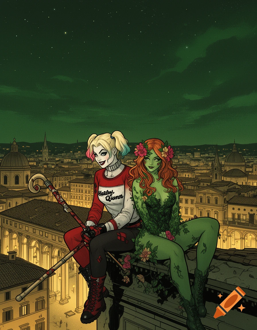 Harley Quinn and Poison Ivy sitting on a rooftop overlooking an Italian city at night, in graphic novel style.