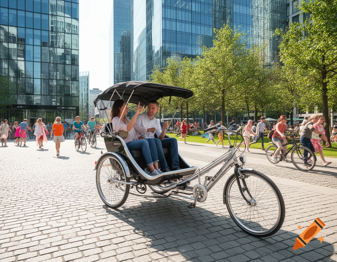 A man and woman ride in a silver rickshaw on a cobbled path in a city park, with modern glass buildings in the background and other people walking and cycling.