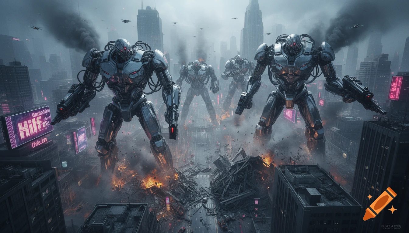 Giant silver-armored robots with glowing red eyes attack a futuristic city, leaving destruction and fire. The sky is dark and smoky with small flying drones.