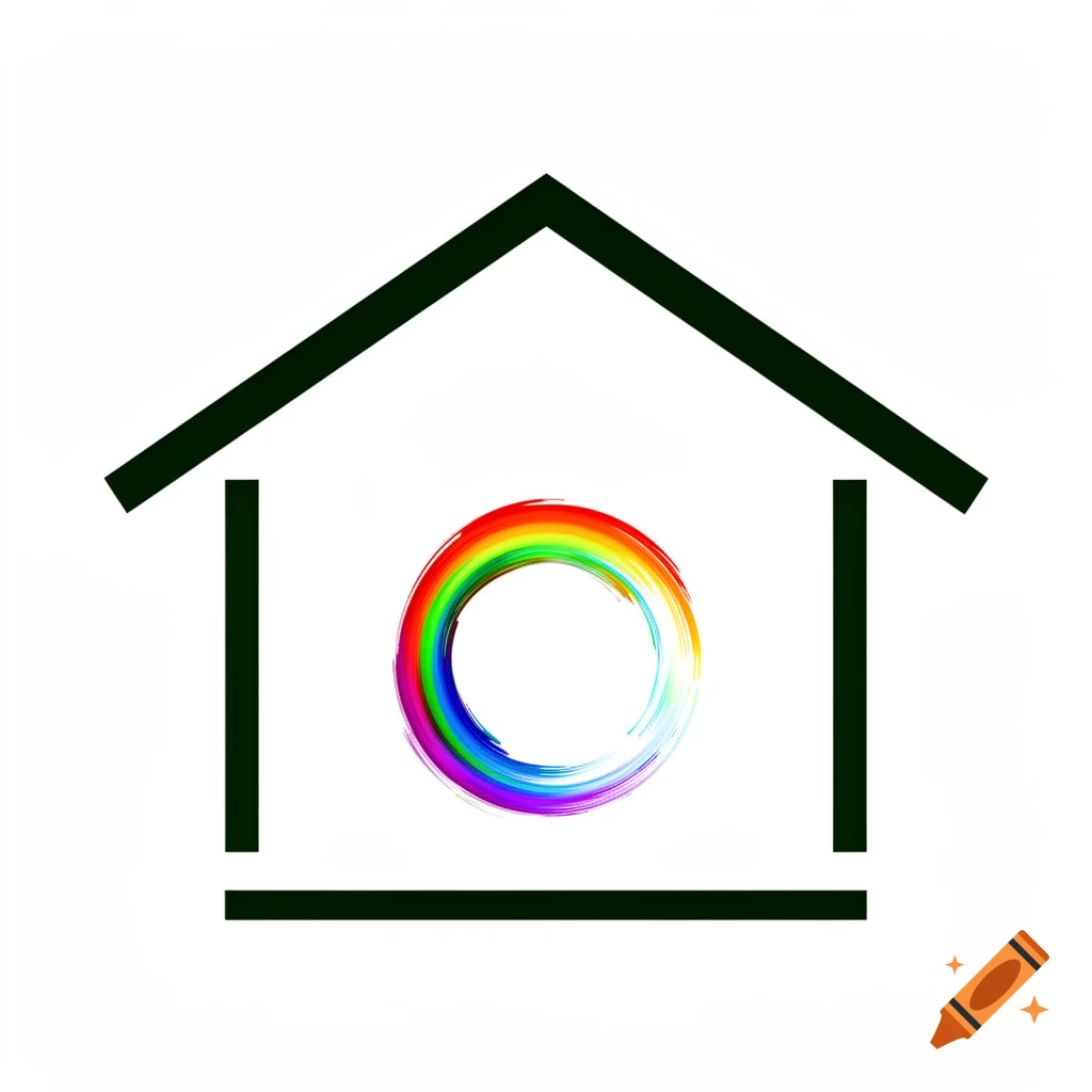 Stylized dark outline of a house with an open rainbow brushstroke circle in the center, on a white background.
