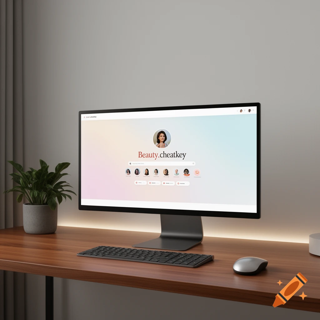 Photorealistic image of a desktop computer setup with a monitor displaying a 'Beauty.cheatkey' profile page, keyboard, mouse, and a plant on a wooden desk.