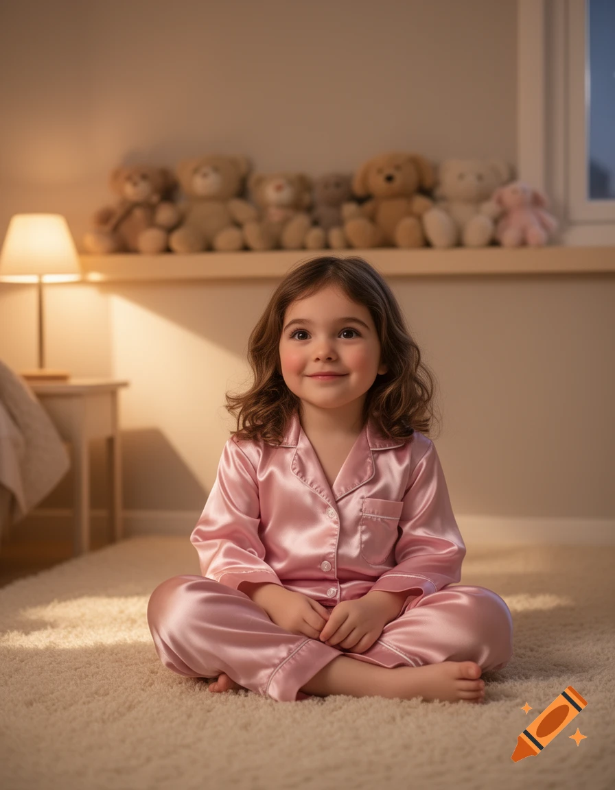 A cute young girl in pink silky pajamas sits cross-legged on a carpet in a softly lit bedroom with teddy bears on a shelf.