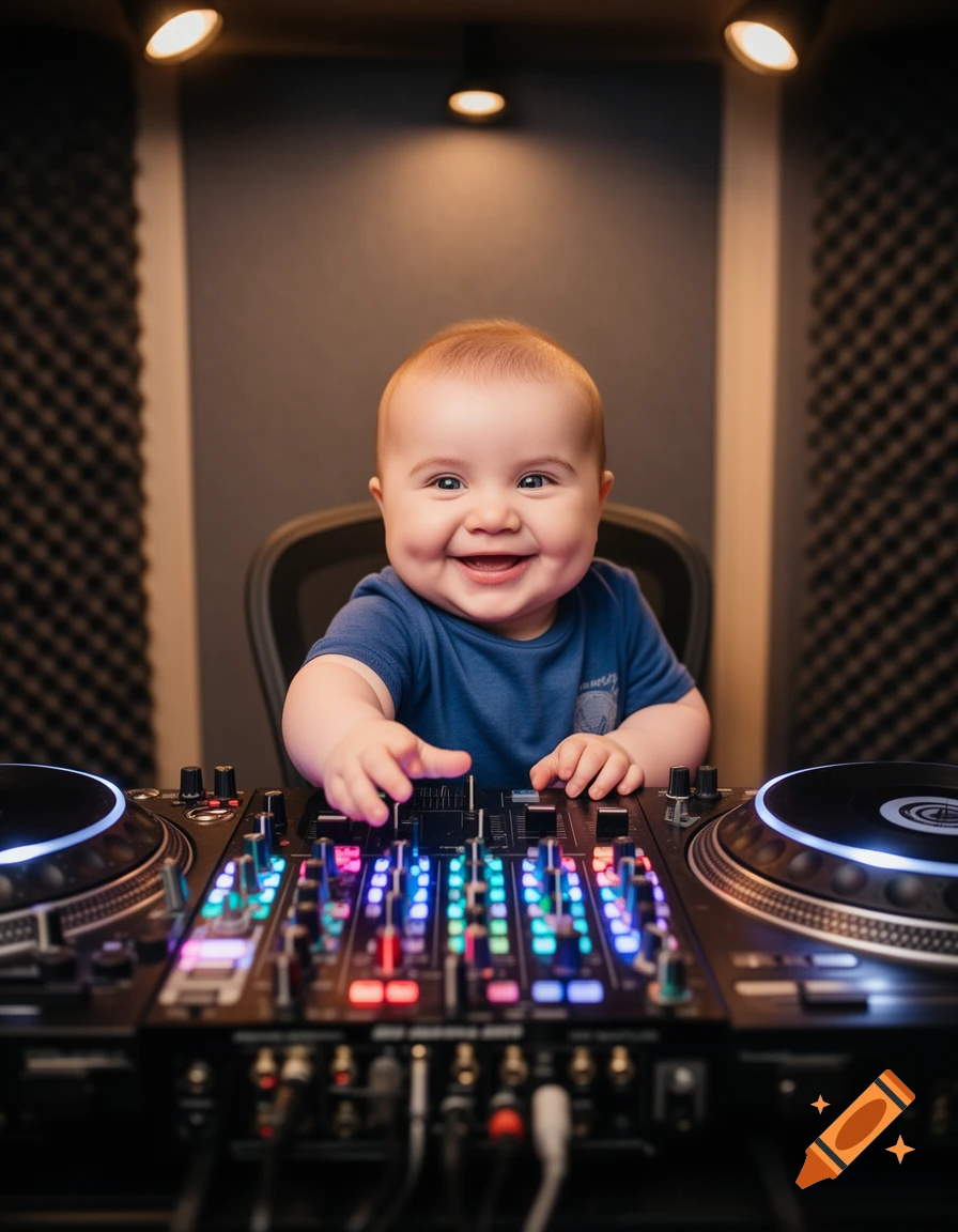 A smiling baby sits behind a DJ mixer with glowing lights, reaching out with a hand.