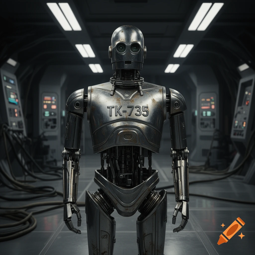 A weathered, metallic robot with the designation "TK-735" on its chest, standing in a dark, futuristic industrial interior.