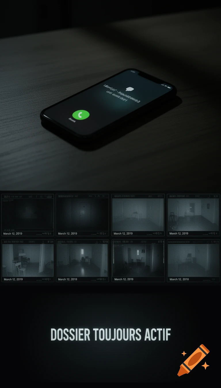 A dark image showing a smartphone on a table with a garbled incoming call, above a grid of eight low-light surveillance camera feeds showing empty rooms. Below, text reads "Dossier toujours actif".