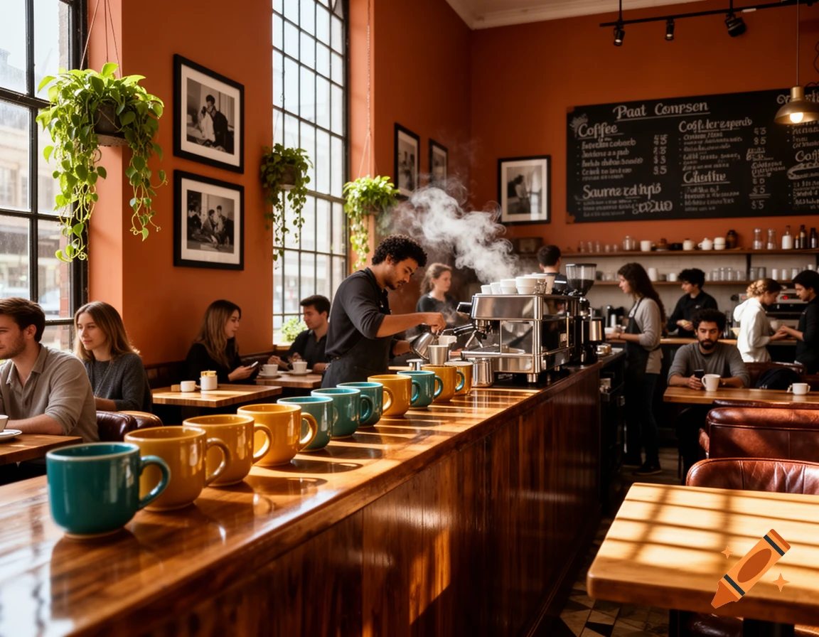 A busy, sunlit coffee shop with customers and baristas, featuring a long wooden counter with colorful mugs and a chalkboard menu.