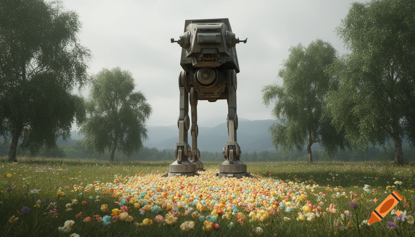 A photorealistic AT-AT Walker stands in a field covered in colorful popcorn, with green trees under a cloudy sky.