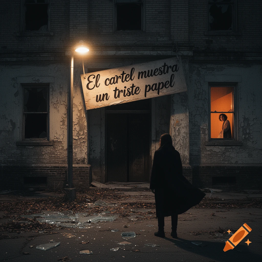 A person in a long coat stands on a street with broken glass, looking at an old, decaying building with a sign that reads 'El cartel muestra un triste papel'. A figure is visible in a lit window.