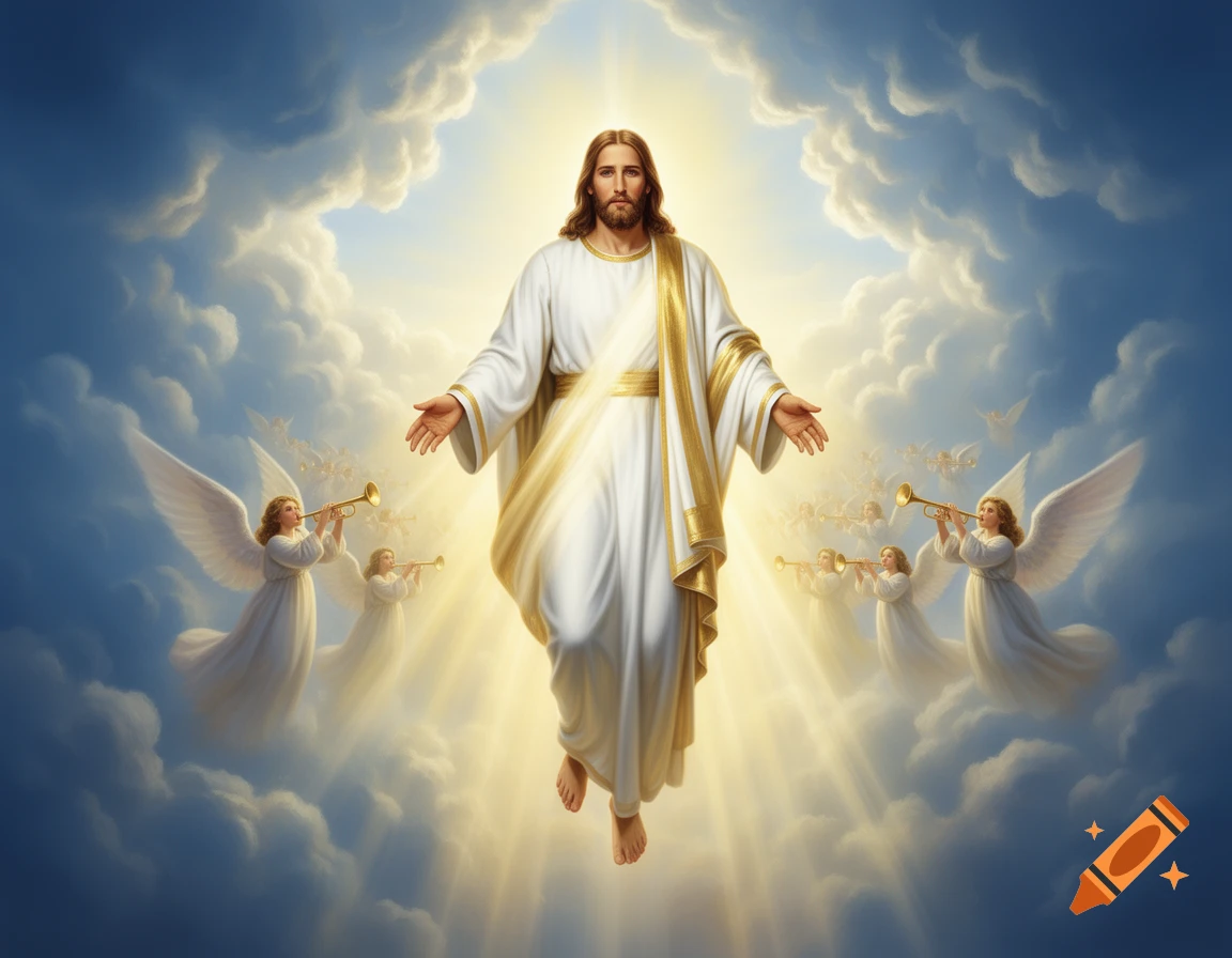 Jesus Christ ascending to heaven, hands outstretched, surrounded by angels playing trumpets in a glowing, cloudy sky.
