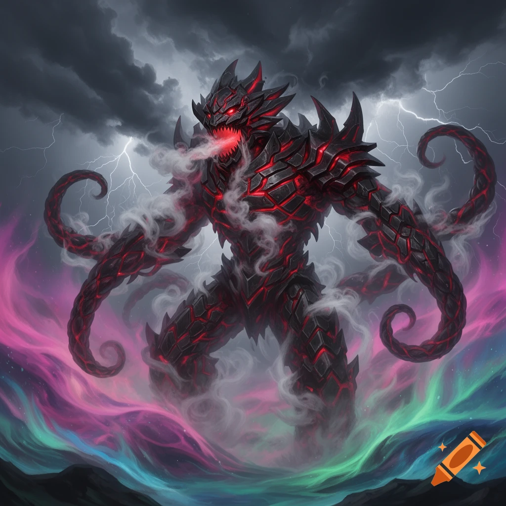 A powerful black and red monster with glowing red eyes, smoke pouring from its mouth, and tentacle-like arms, stands in a vibrant, ethereal landscape under a stormy, lightning-filled sky.