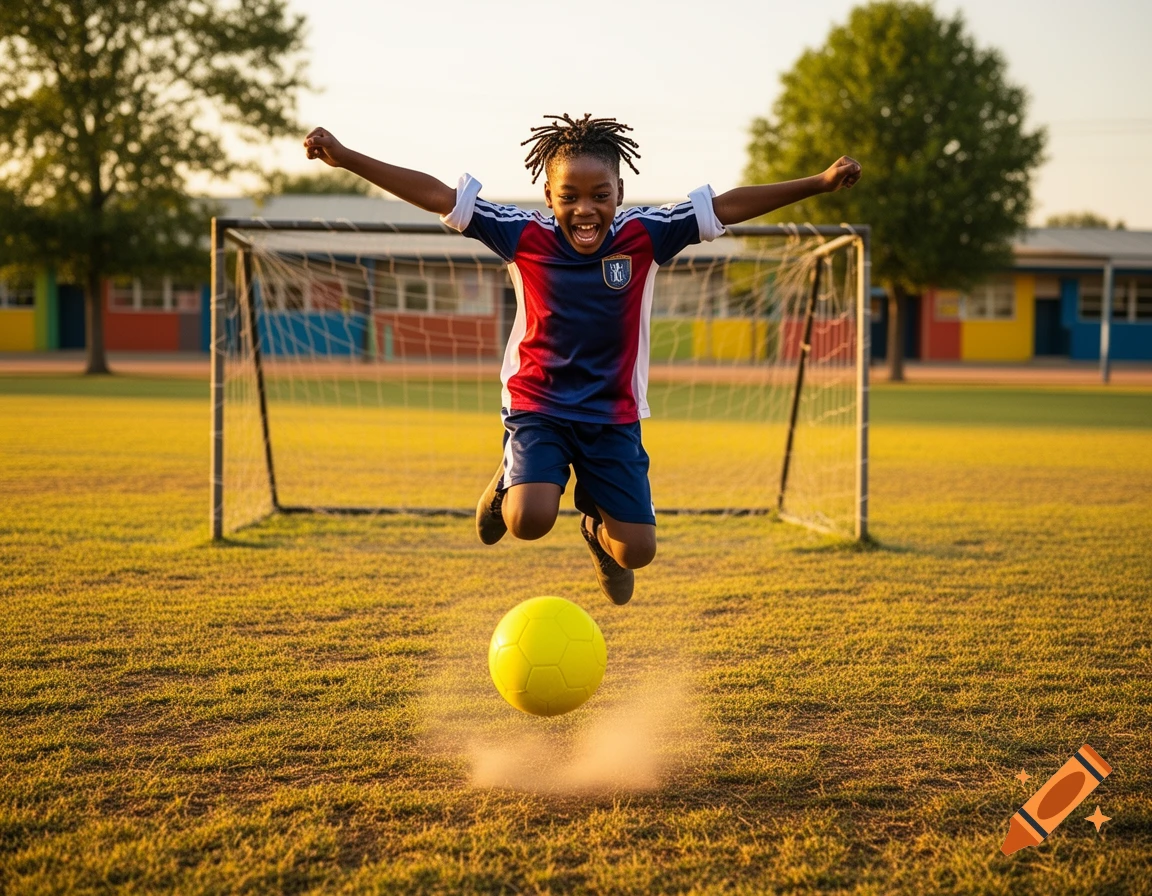 A joyous Black boy in a soccer uniform leaps in the air, arms wide, in front of a goal with a yellow soccer ball and kicked-up dust on a golden field at sunset.