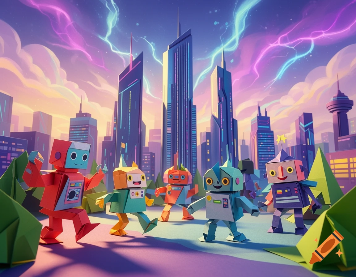 Colorful origami robots walking in a futuristic paper craft city under a vibrant sky.