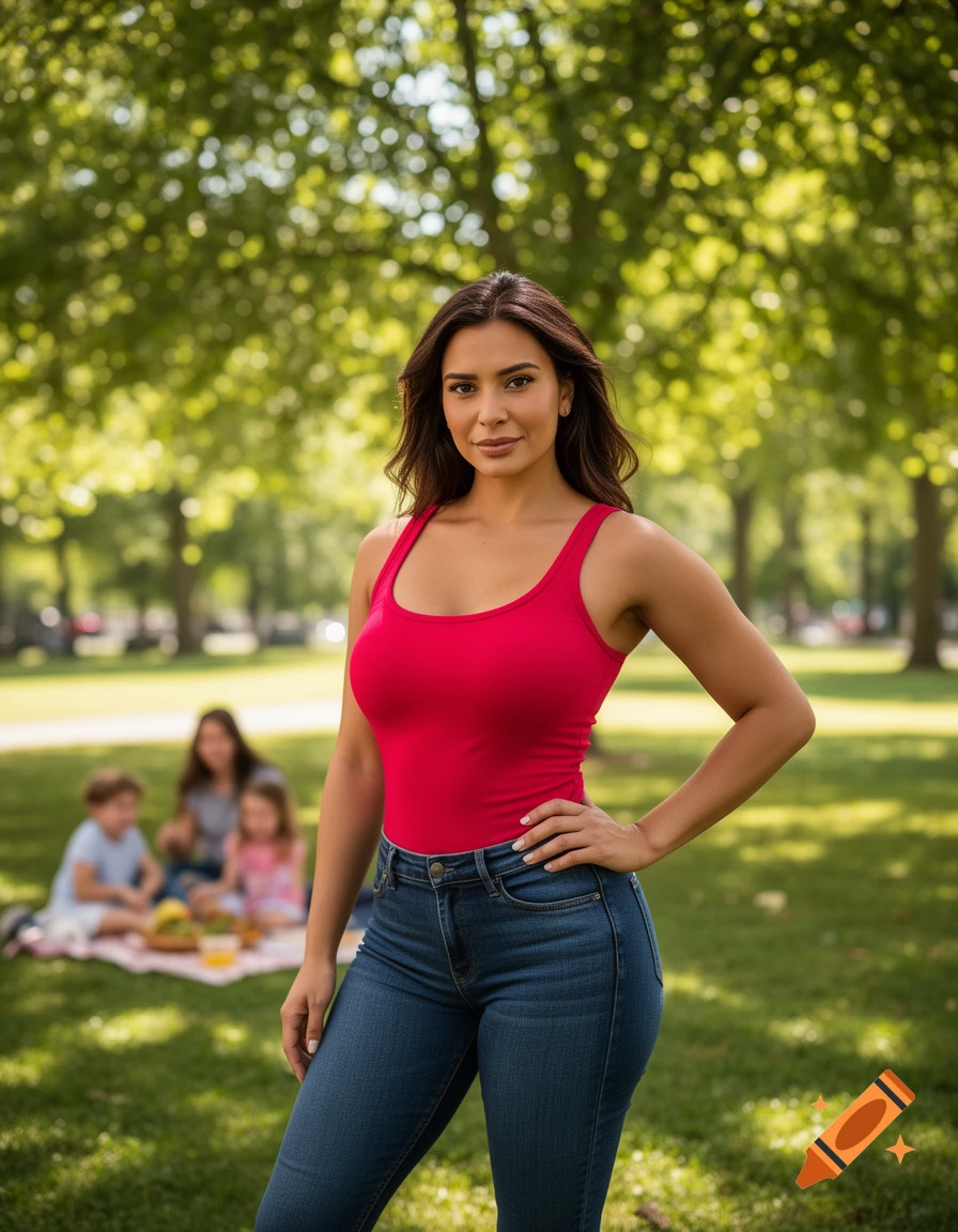 A photorealistic image of a woman in a red tank top and jeans posing in a sunny park, with a family picnicking in the background.