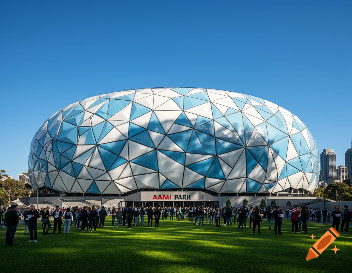 A large modern stadium with a patterned facade, AAMI Park, with people on a grassy field and city buildings in the background.