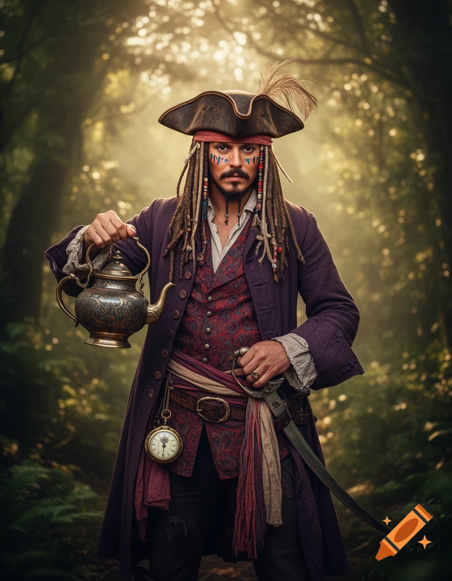 A photorealistic man resembling a pirate with dreadlocks, facial paint, and a tricorn hat, holding an ornate teapot and a sword, standing in a sun-dappled forest.