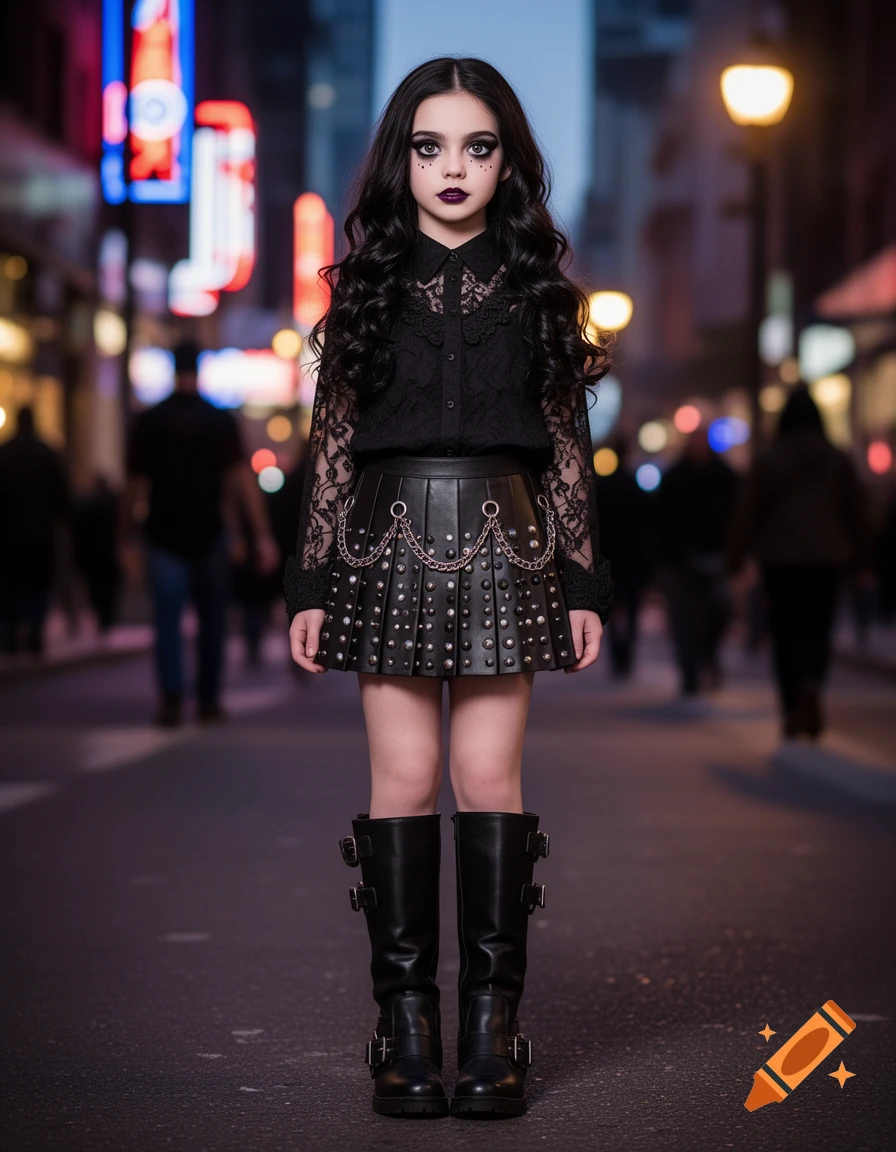 Photorealistic portrait of a young goth girl in a black lace shirt, studded skirt, and tall boots on a city street.