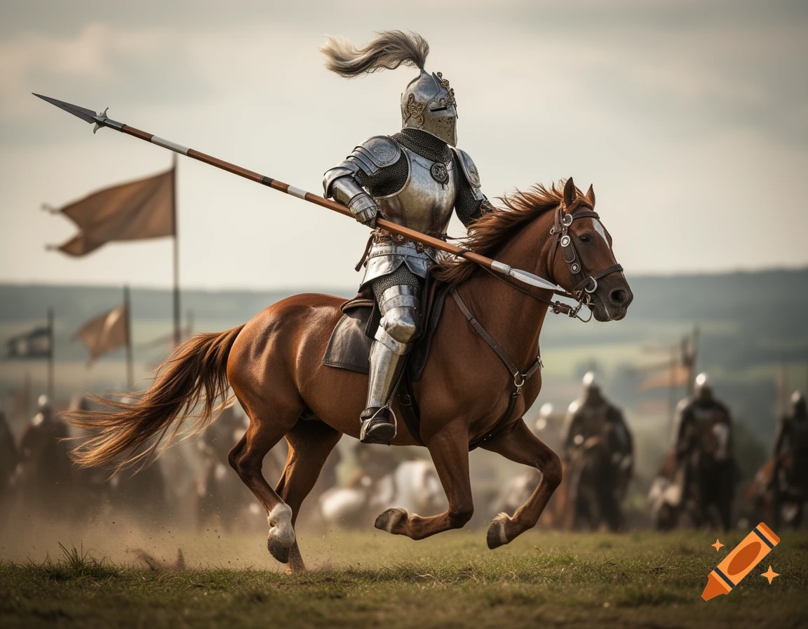A photorealistic image of a knight in shining armor with a lance riding a brown horse on a battlefield.