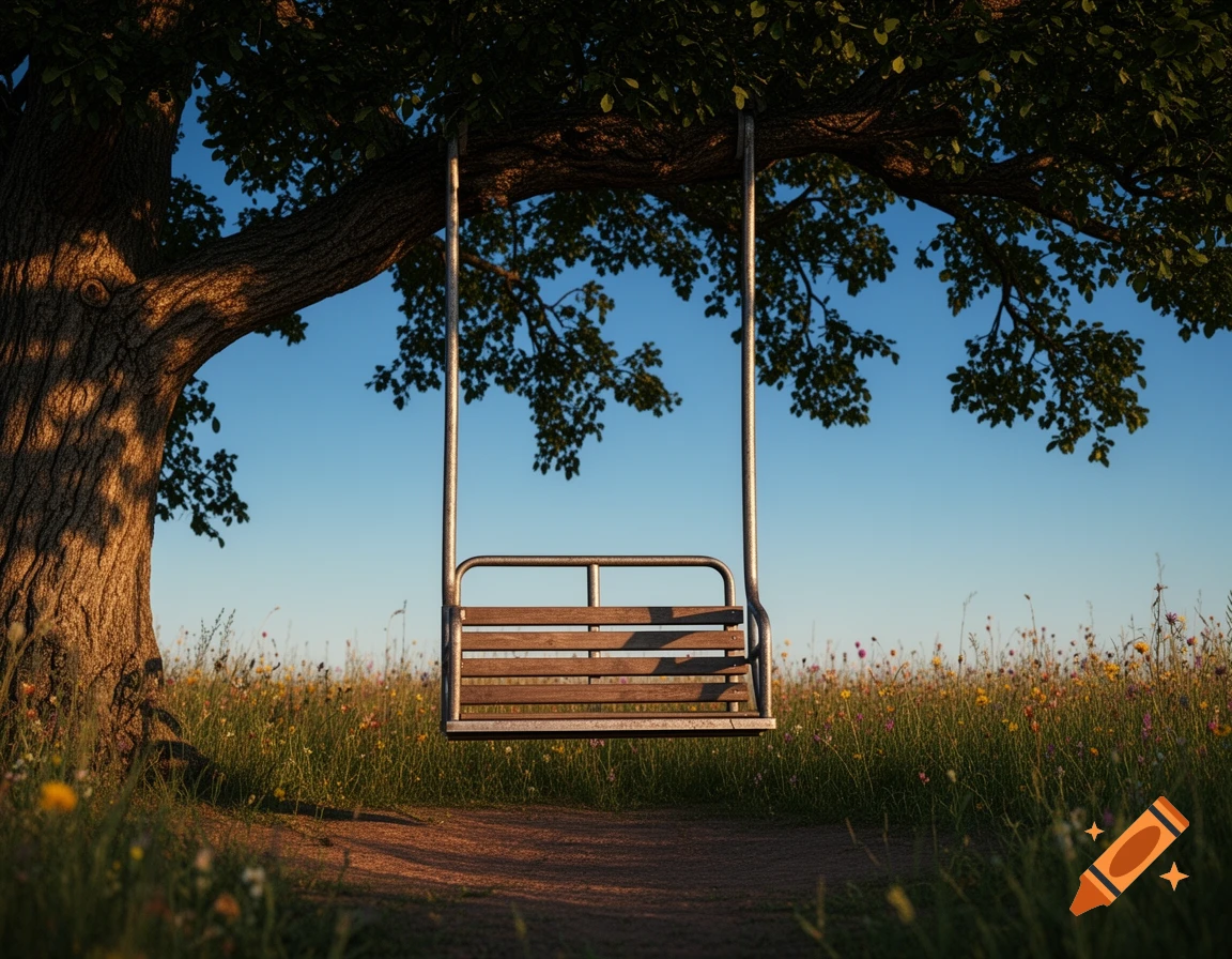 A wooden and metal swing hanging from a large tree branch in a sunlit field of wildflowers under a clear blue sky.