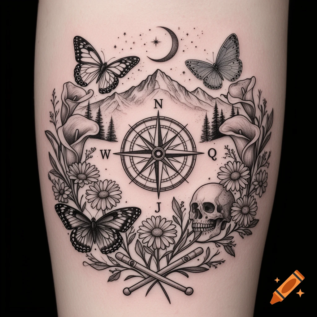Black and white fine line tattoo design with a central compass, surrounded by butterflies, flowers, mountains, a skull, and crossed drumsticks.