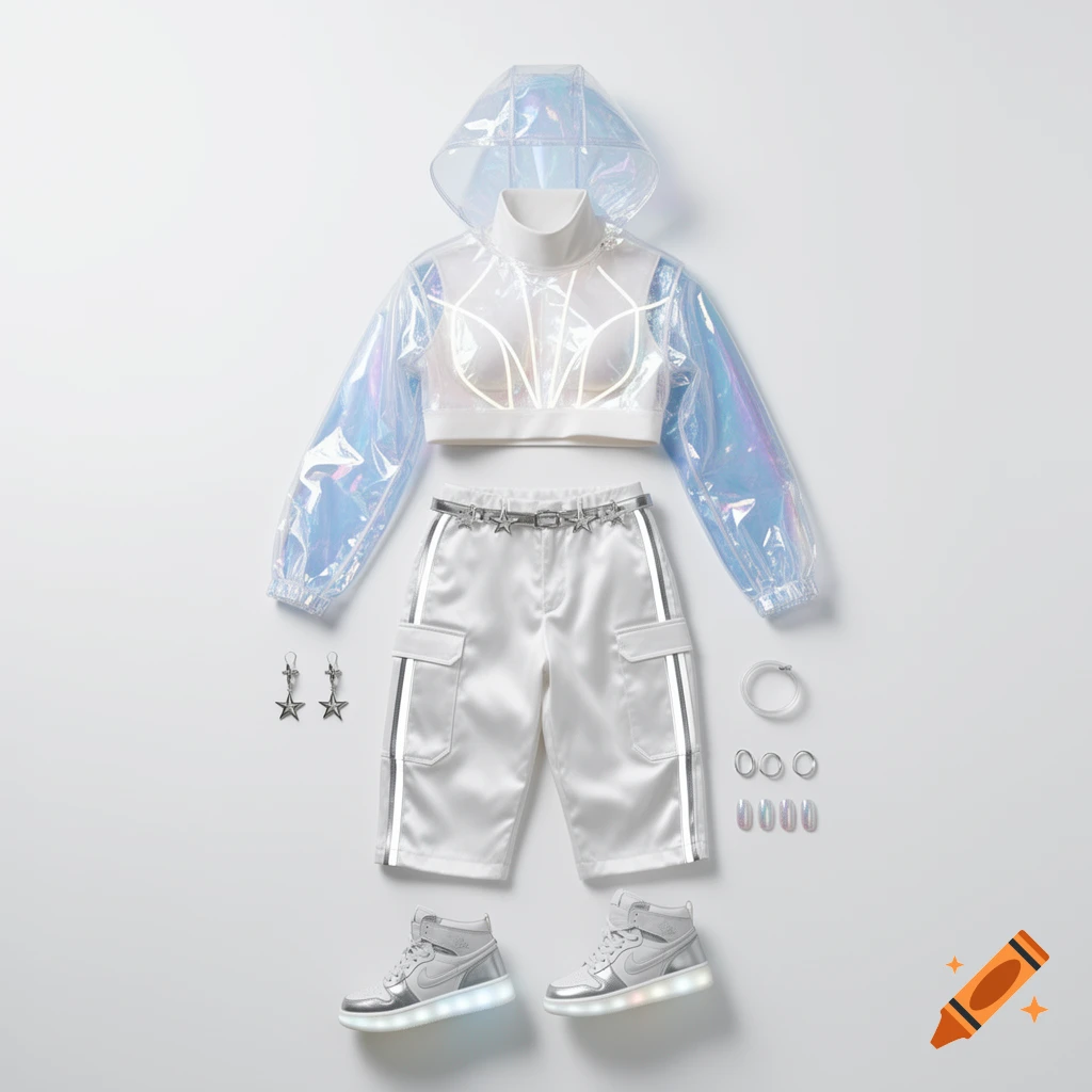 A futuristic iridescent outfit laid flat, featuring a holographic crop top, clear blue hooded jacket, white satin cargo pants with a star belt, silver high-top sneakers with glow soles, and star earrings with chrome rings.
