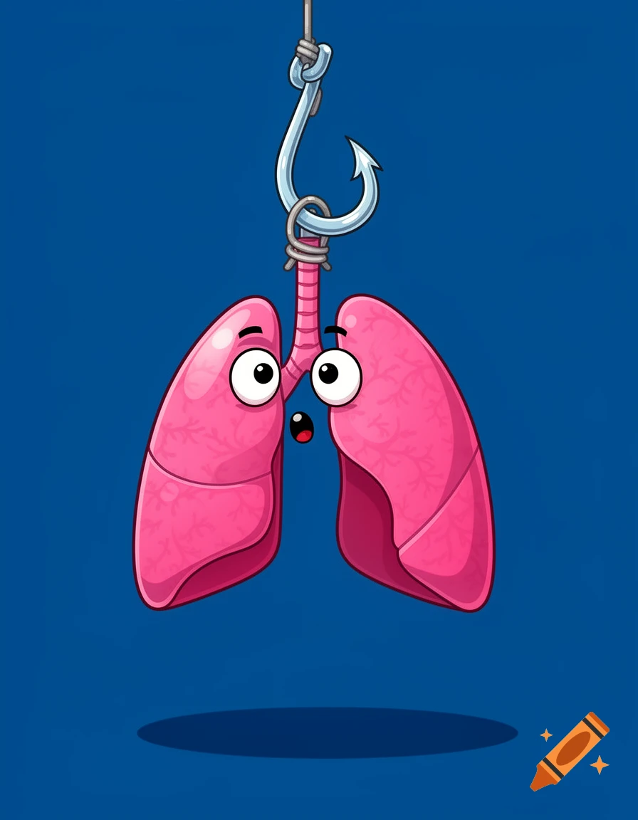 A whimsical cartoon illustration shows pink human lungs with wide eyes and an open mouth dangling from a shiny fishhook, against a dark blue background.