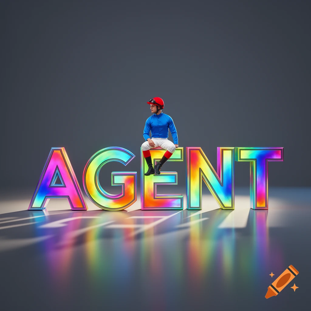 A jockey in a blue shirt and red hat sits atop large, iridescent 3D letters spelling "AGENT" against a gray background.